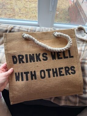 Natural Jute Tote with Rope Handles and Black Lettering